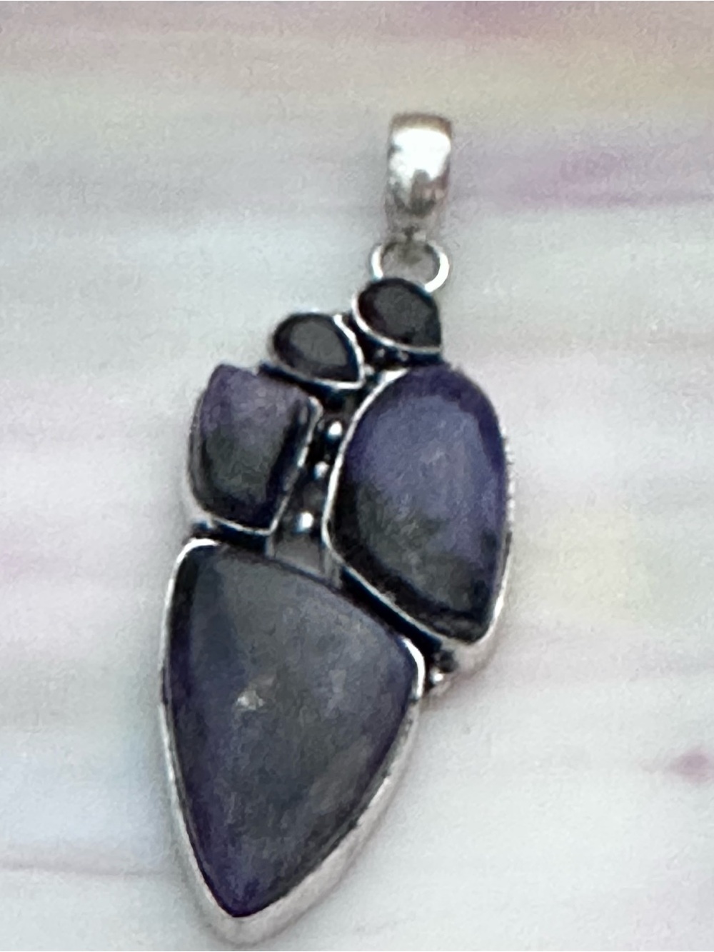 HANDCRAFTED AMETHYST PENDANT
MULTI-STONES 
3 amethyst 
2 purple Crystals